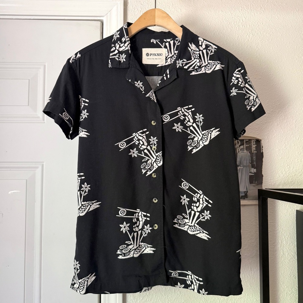 PYKNIC black white floral tropical cotton short sleeve boxy button up shirt